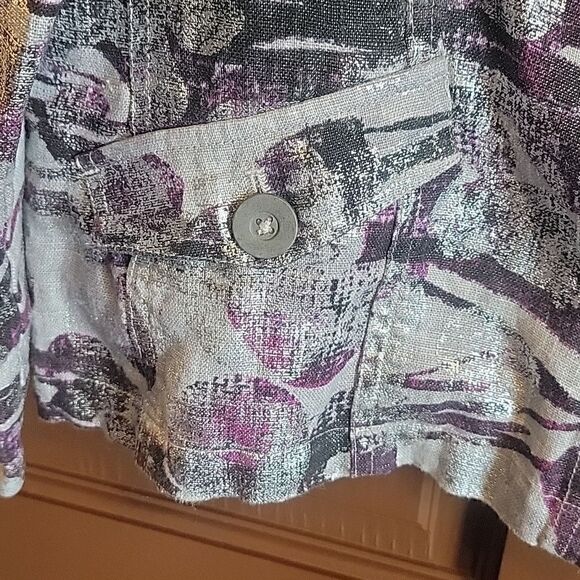 Chico's-Linen purple, silver, blk collared, button down front jkt. Size 2= M 12 - Picture 4 of 8